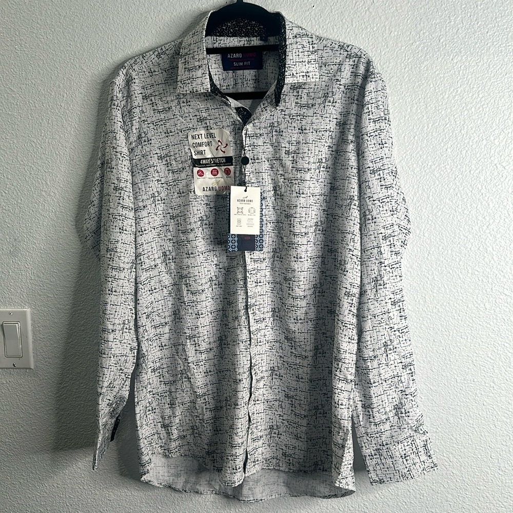AZARO UOMO white black print 4way stretch button down shirt size large